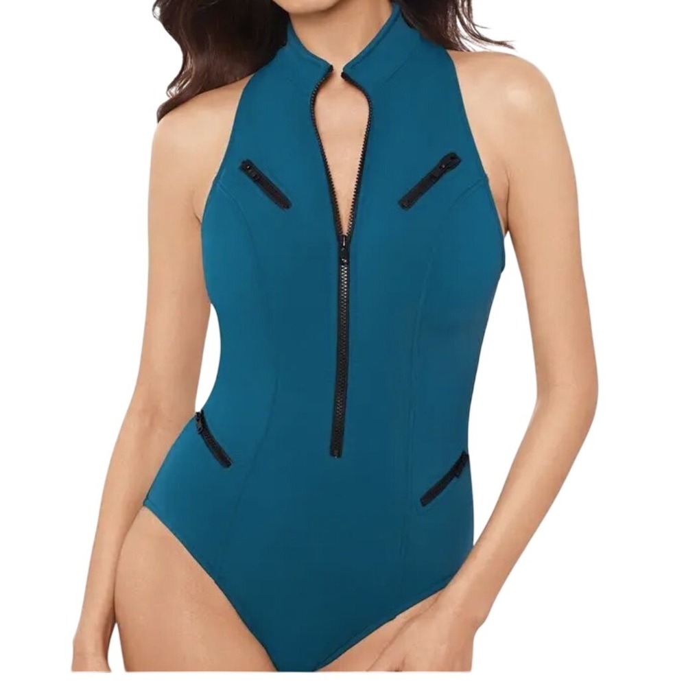 Magicsuit Scuba Coco Teal Blue High Neck Zip Front One Piece Swimsuit 10 NEW